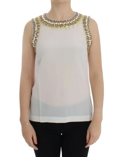 Elegant Sleeveless Silk Blouse with Crystal Embellishment