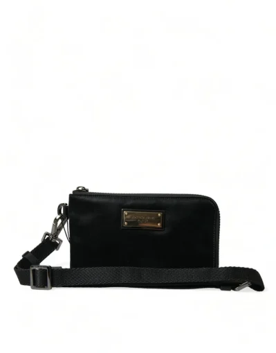 Elegant Black Nylon Leather Pouch with Silver Details