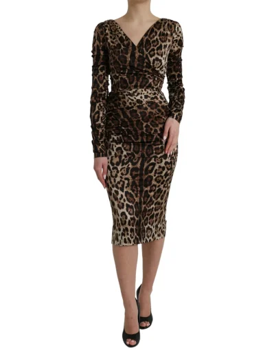 Brown Leopard Print Bodycon V-neck Midi Dress