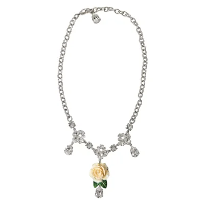 Silver Brass Clear Crystal Roses Pendants Necklace