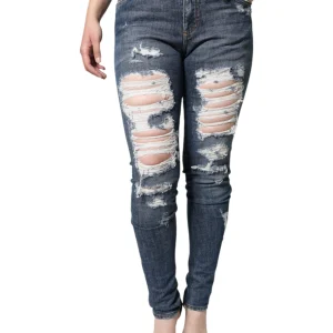 Blue Cotton Stretch Tattered Skinny Jeans
