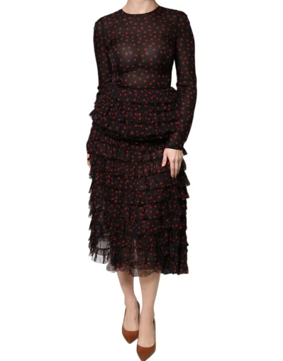 Black Red Polka Dot Silk Layered Midi Dress