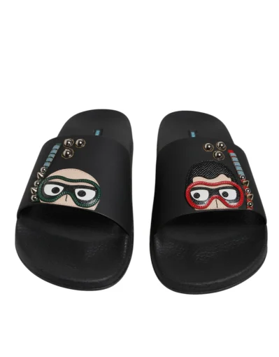 Black Divers Leather Flats Slides Sandals Beachwear Shoes