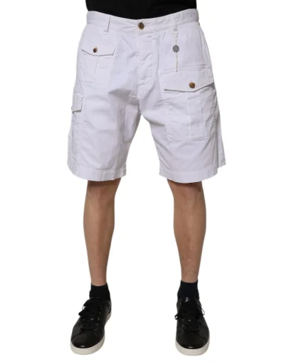White Cargo Denim Mid Waist Casual Bermuda Shorts