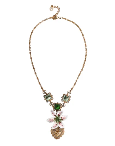 Gold Brass Lily Crystal Sacred Heart Pendant Necklace