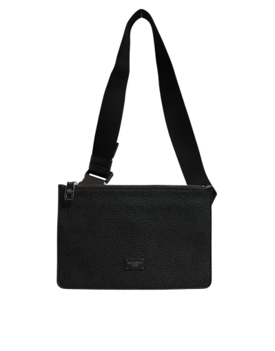 Black Leather Logo Plaque Purse Fanny Pack Bag