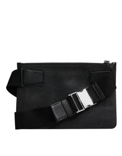 Black Leather Logo Plaque Purse Fanny Pack Bag