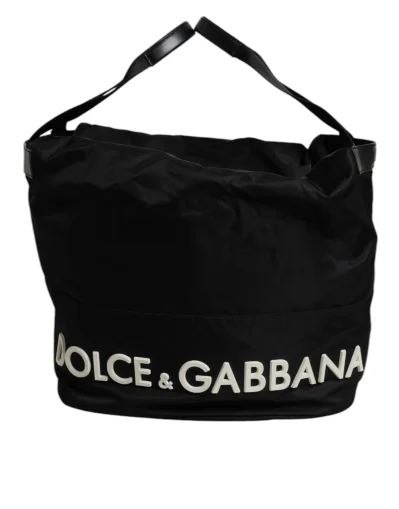 Black Nylon White Iconic Logo Shoulder Bucket Bag