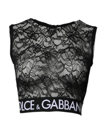 Black Nylon Floral Lace Sleeveless Crop Top