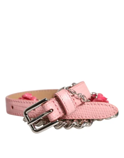 Pink Embelished Roses Textured Leather Belt