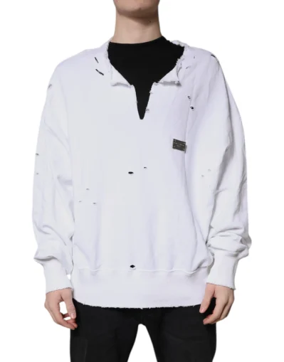 White Cotton Men Pullover Sweatshirt Sweater