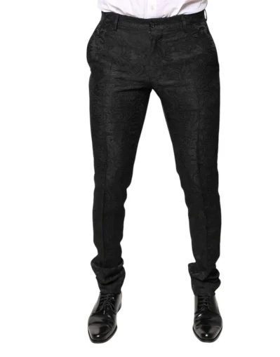Black Floral Jacquard Mid Waist Dress Pants