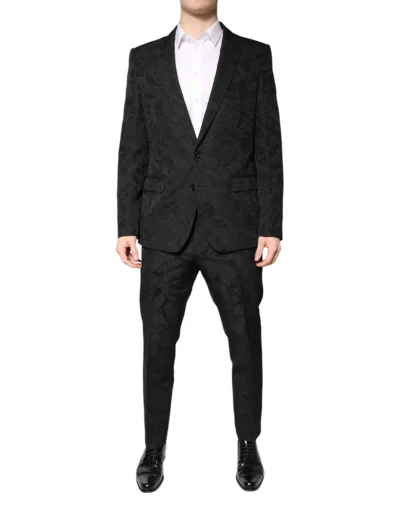 Black Polyester Floral Jacquard 2 Piece Suit