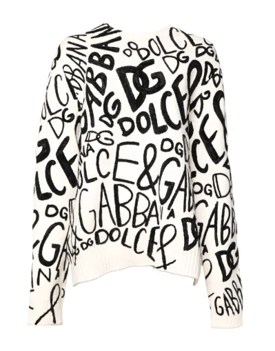 White Black Logo Print Women Pullover Sweater