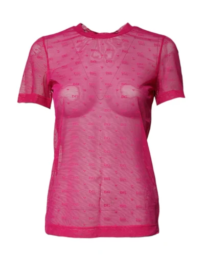 Pink Nylon See Through Women Short Sleeves Top