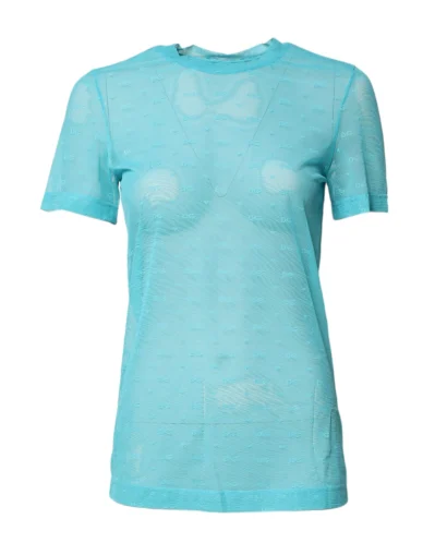 Blue Nylon See Through Women Short Sleeves Top
