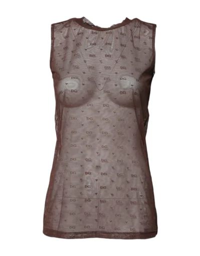 Brown Nylon See Through Women Sleeveless Tank Top