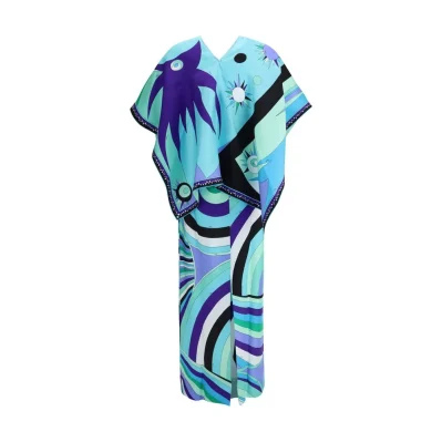 Iride print long Dress with cape