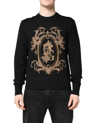 Black Logo Embroidery Knit Pullover Sweater