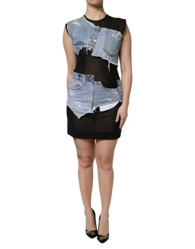 Black Blue Sleeveless Denim Mini Dress