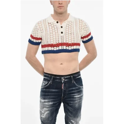 Openwork Cropped Sweater with Polo Neck