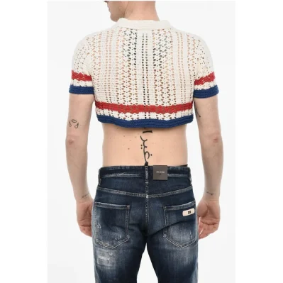 Openwork Cropped Sweater with Polo Neck