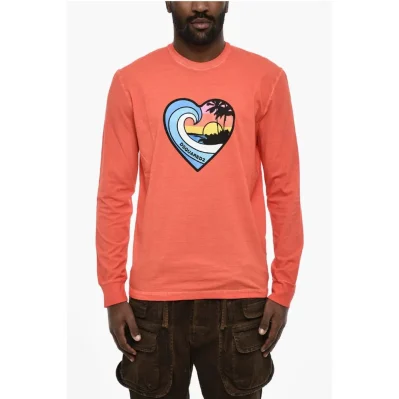 Long Sleeve Crew-neck T-shirt with Heart Print