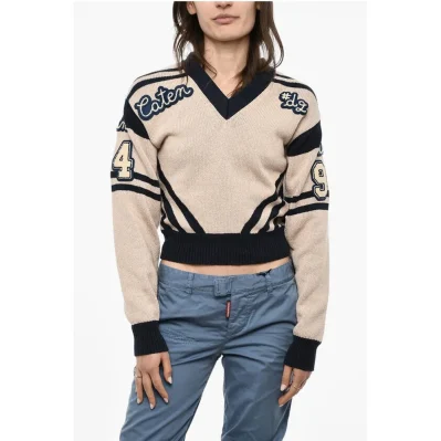 V-Neck Cotton Sweatshirt With Embroidered Logo