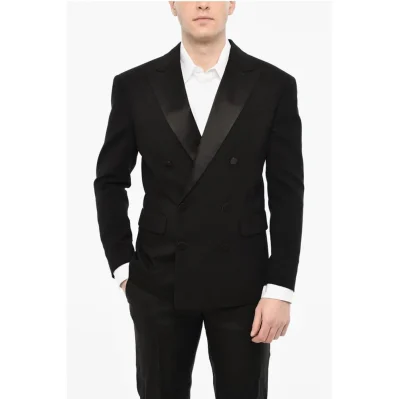Wool Blend Double Breasted Blazer With Satin Peak Lapel