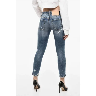 Mid Wasit Splatter Effect Distressed Jeans