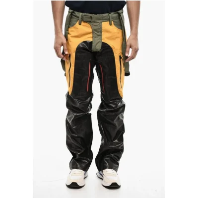 Coated Cotton Tricolor Casual Pants with Suspenders