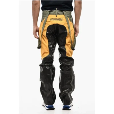 Coated Cotton Tricolor Casual Pants with Suspenders