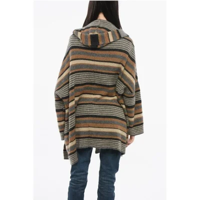 Striped Wool Blend Maxi Cardigan with Hood