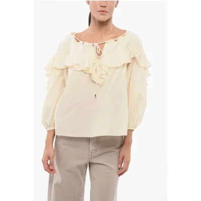 Solid Color Cotton and Silk BONES Blouse with Ruffles