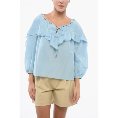 Solid Color Cotton and Silk BONES Blouse with Ruffles
