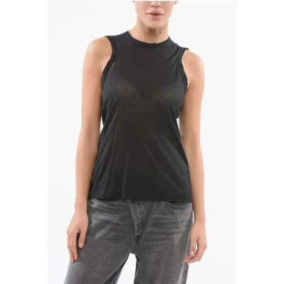 Semi-Sheer Cotton Blend Crew Neck Top