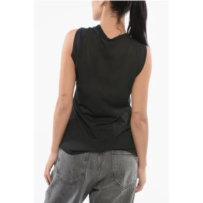 Semi-Sheer Cotton Blend Crew Neck Top