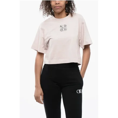 Crew-neck Crop T-Shirt with Rhinestones Embellished Logo
