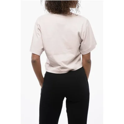Crew-neck Crop T-Shirt with Rhinestones Embellished Logo