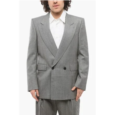 Double-breasted Twill Wool Blazer with Flap Pockets