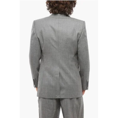 Double-breasted Twill Wool Blazer with Flap Pockets