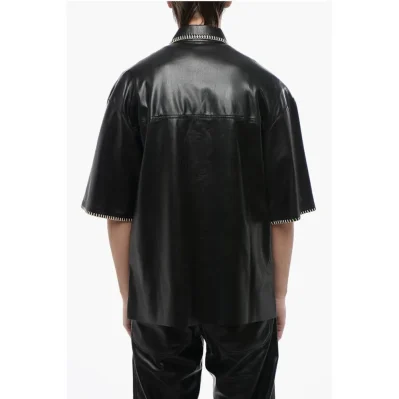 Short Sleeved Faux Leather Shirt with Raffia Stitching