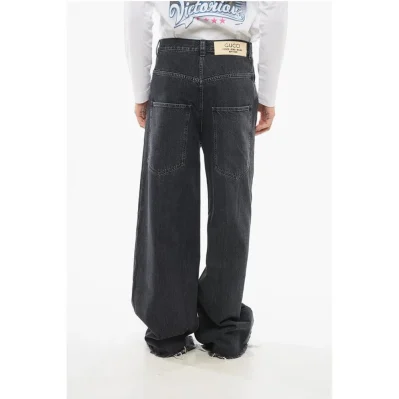 Stone Washed Wide Leg Denims with Fringed Bottom 34cm