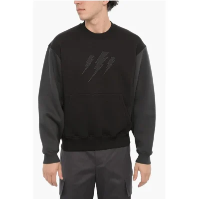 Two-Tone Fleeced Cotton Blend Crew-neck Sweatshirt
