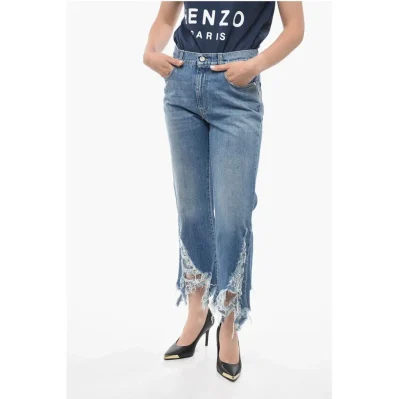 Cropped Fit Denims with Distressed Bottom 24cm