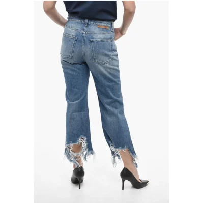 Cropped Fit Denims with Distressed Bottom 24cm