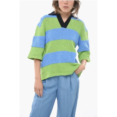 Two-Tone Crochet Sweater with Polo Neck