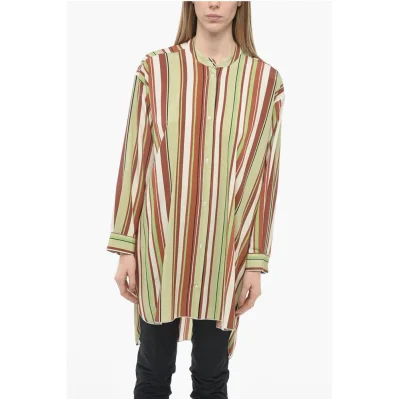 Bayadere Patterned Silk Blend Shirt with Mandarin Collar