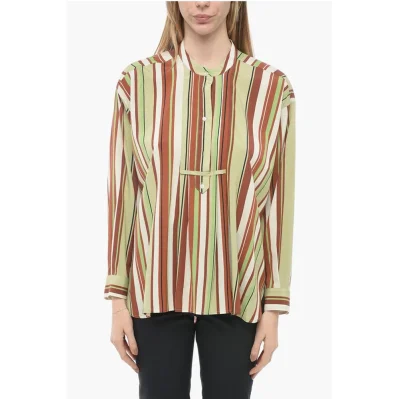 Bayadere Patterned Silk Blend Blouse with Mandarin Collar