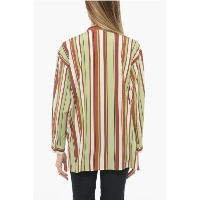 Bayadere Patterned Silk Blend Blouse with Mandarin Collar